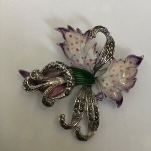 Vintage 1940s–1950s Enamel & Marcasite Orchid Brooch